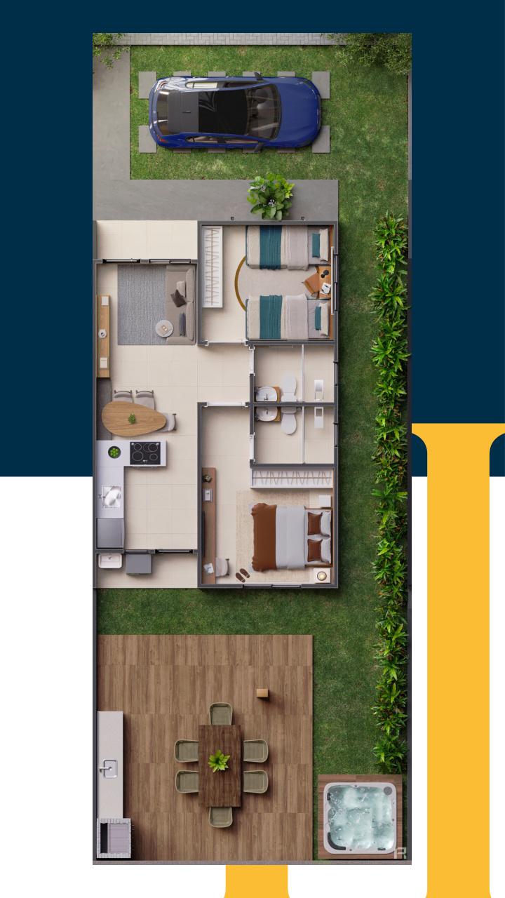 Planta baixa da casa com dois quartos e quintal